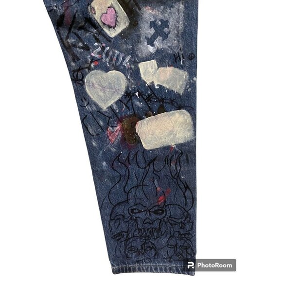 Vintage Upcycled Graffiti Jeans 10 High Rise Taper 30 x 28 Distressed Destroyed - Picture 13 of 14